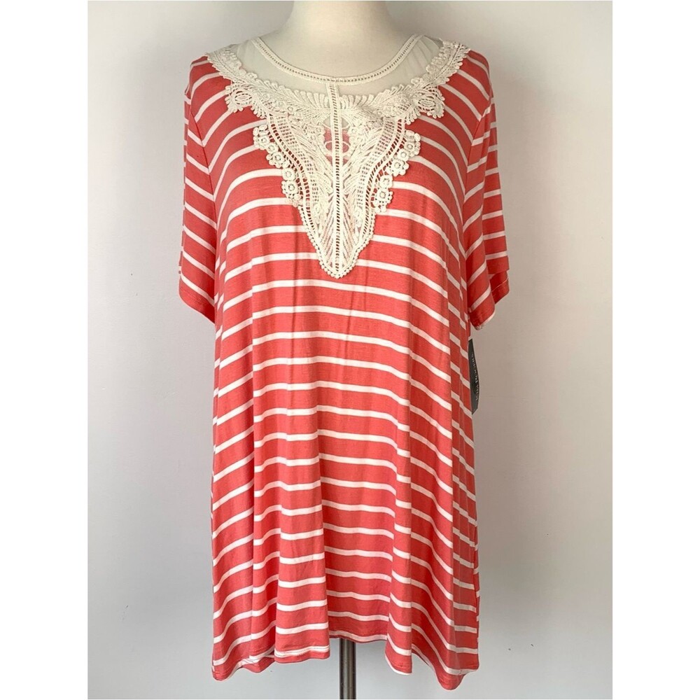 Kim Rogers Curvy Striped Coral Crochet Top Plus Size 1X NWT